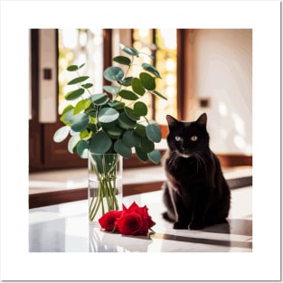 Cute Black Cat with Gift of Leaves and Flowers Posters and Art